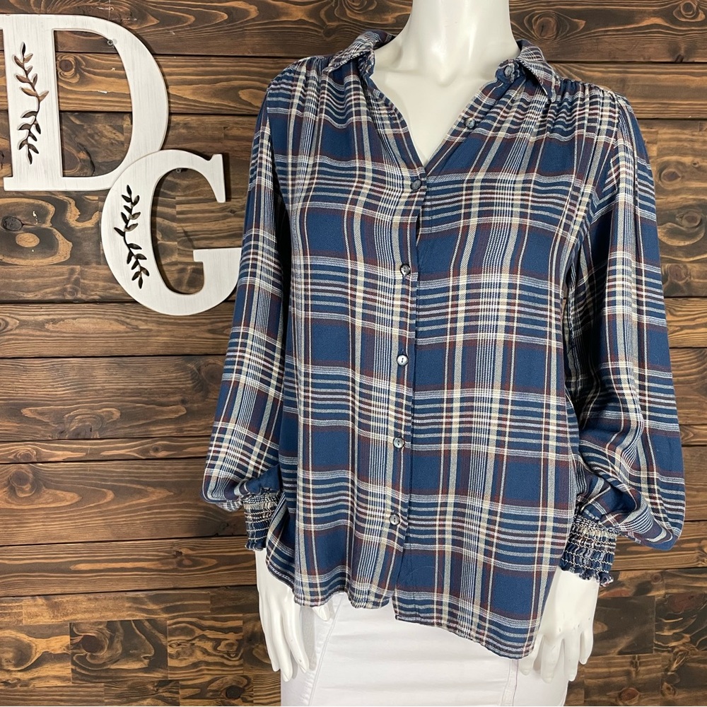 Max Studio | Plaid Flannel Button Up Collard Smocked Balloon Sleeve Top